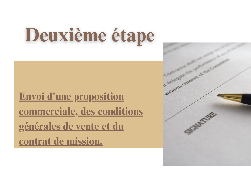 Deuxième étape : envoi proposition commerciale, CGV et contrat de mission